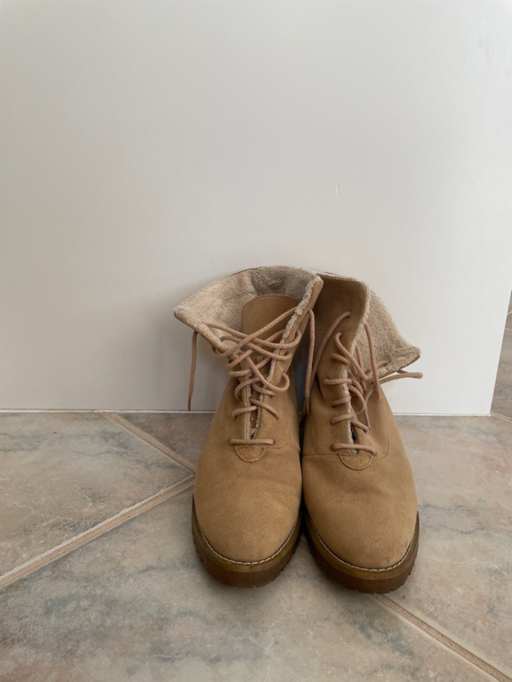 Women's Fold-Over Lace-Up Tan Suede Ankle Boots